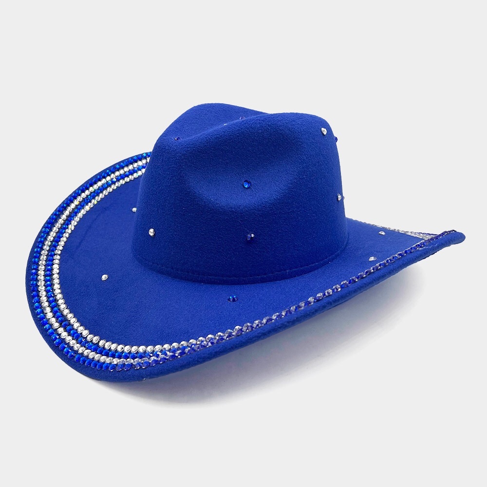 Blue Rhinestones Embellished Band Pointed Fedora Hat